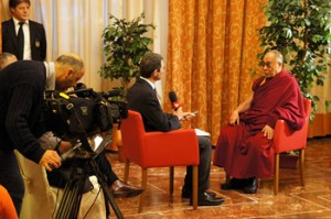 His Holiness the Dalai Lama gives an interview for Italian television channel RAI in Udine, Italy, on May 23, 2012. Photo/Tenzin Taklha/OHHDL