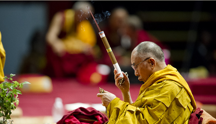 His Holiness the Dalai Lama during the preparatory rituals for the Avalokiteshvara empowerment in Milan, Italy, on 28 June 2012/Photo/T