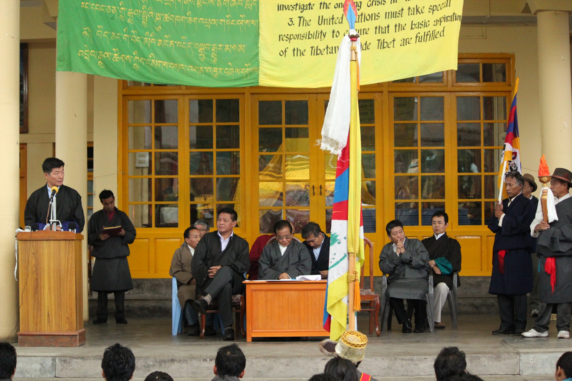Kalon Tripa speaking at a function marking the arrival of flame of truth torch relay in Dharamsala on 26 July 2012
