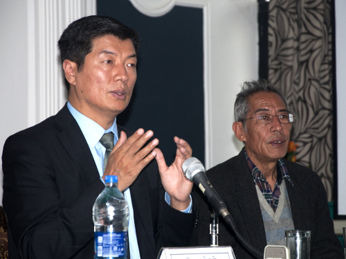 Sikyong Dr. Lobsang Sangay speaking at the two-day conference on CTA's international efforts, 18 April 2014. DIIR Photo/ Tenzin Phende