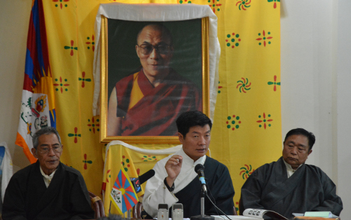 Sikyong Dr.Lobsang Sangay (centre) speaking at the launch, flanked by Mr Thubten Samphel, Director of TPI and Mr. Lobsang, Asst. Director of TPI.DIIR Photo/ Tenzin Phende 