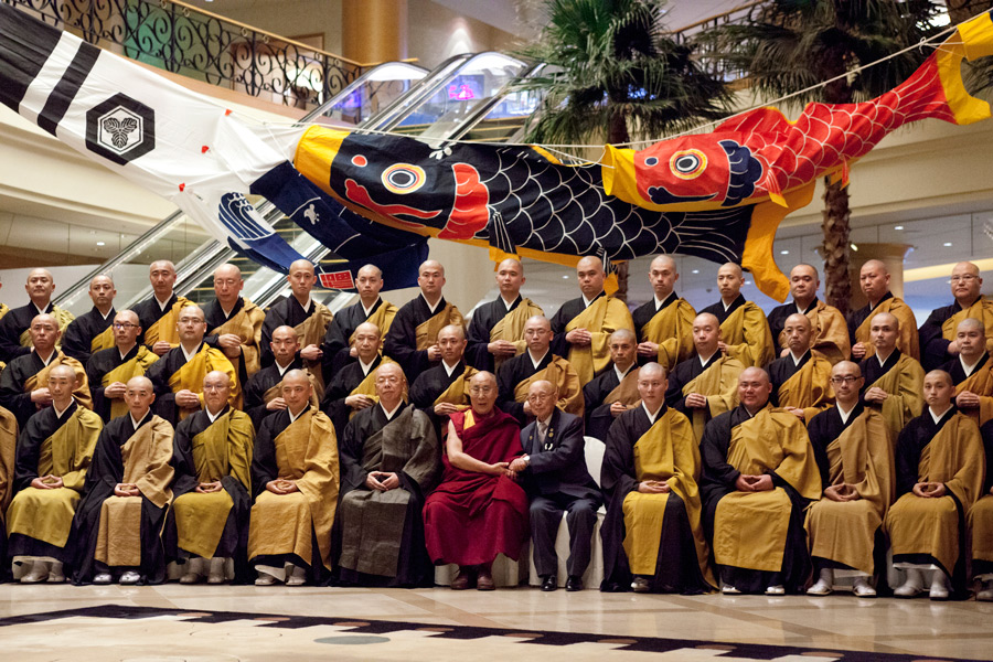 His Holiness the Dalai Lama with Soto Zen monks who welcomed him on arrival in Gifu, Japan on April 7, 2015. Photo/Tenzin Jigmey
