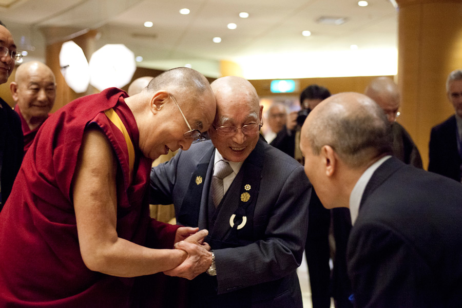 His Holiness the Dalai Lama greeting his 92 year old friend Abe Roshi on his arrival in Gifu, Japan on April 7, 2015. Photo/Tenzin Jigmey