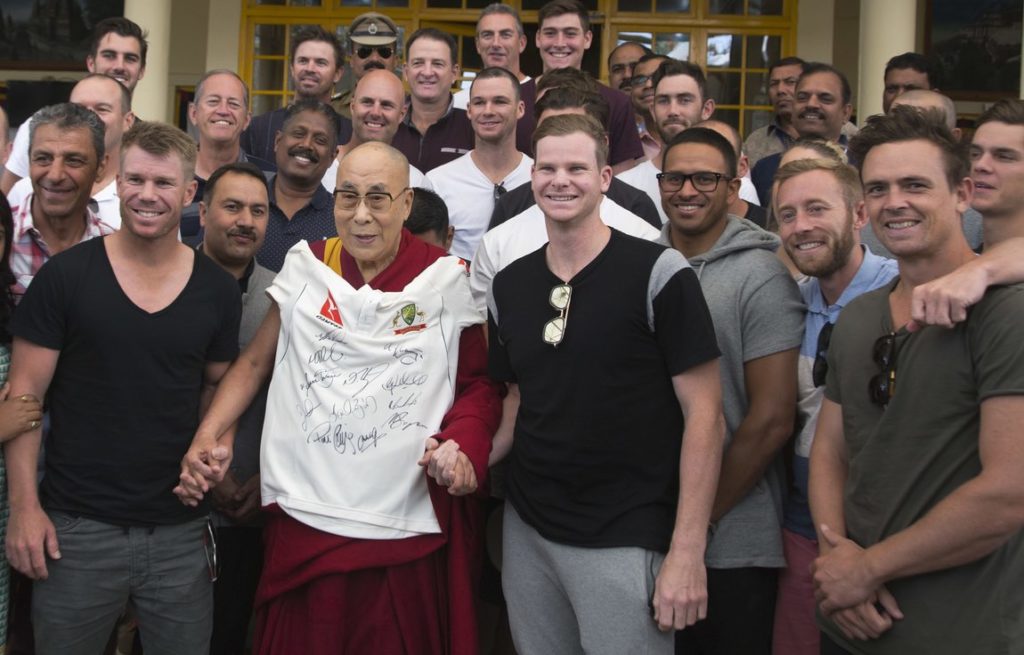  Tibetan spiritual leader the Dalai Lama with the Australian team during an interaction with the team at the Tsuglakhang temple in Dharmsala. (Photo: AP) 