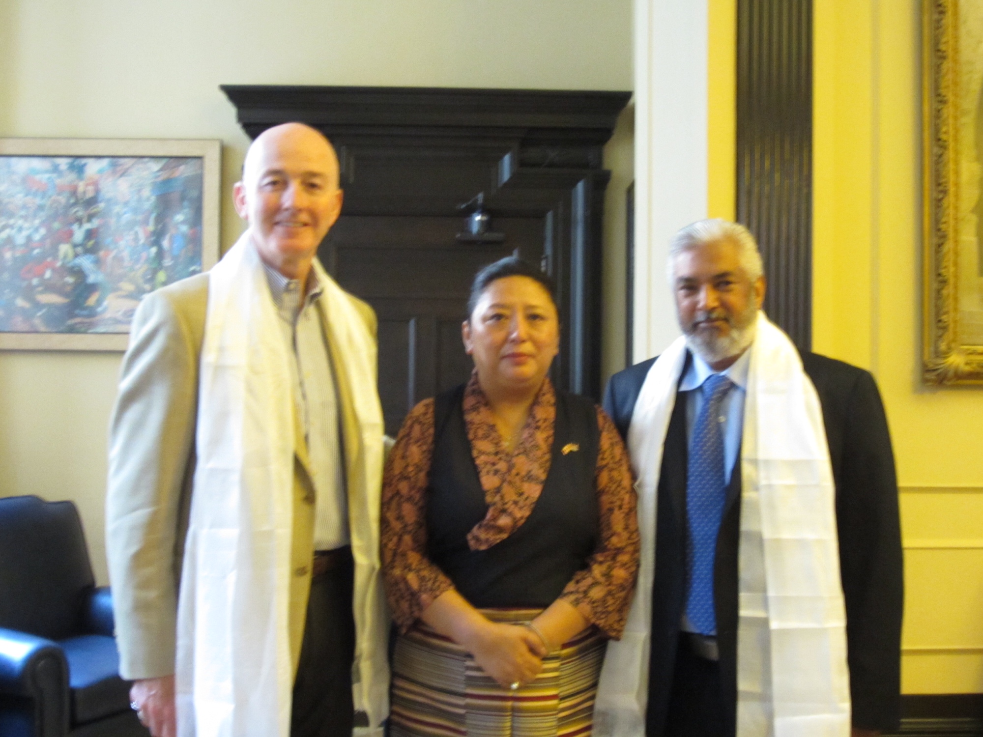 Kalon Dolma Gyari with Mr David Sweet and Mr Joe Daniel, members of Canadian Parliament, in Ottawa, on 6 July 2012