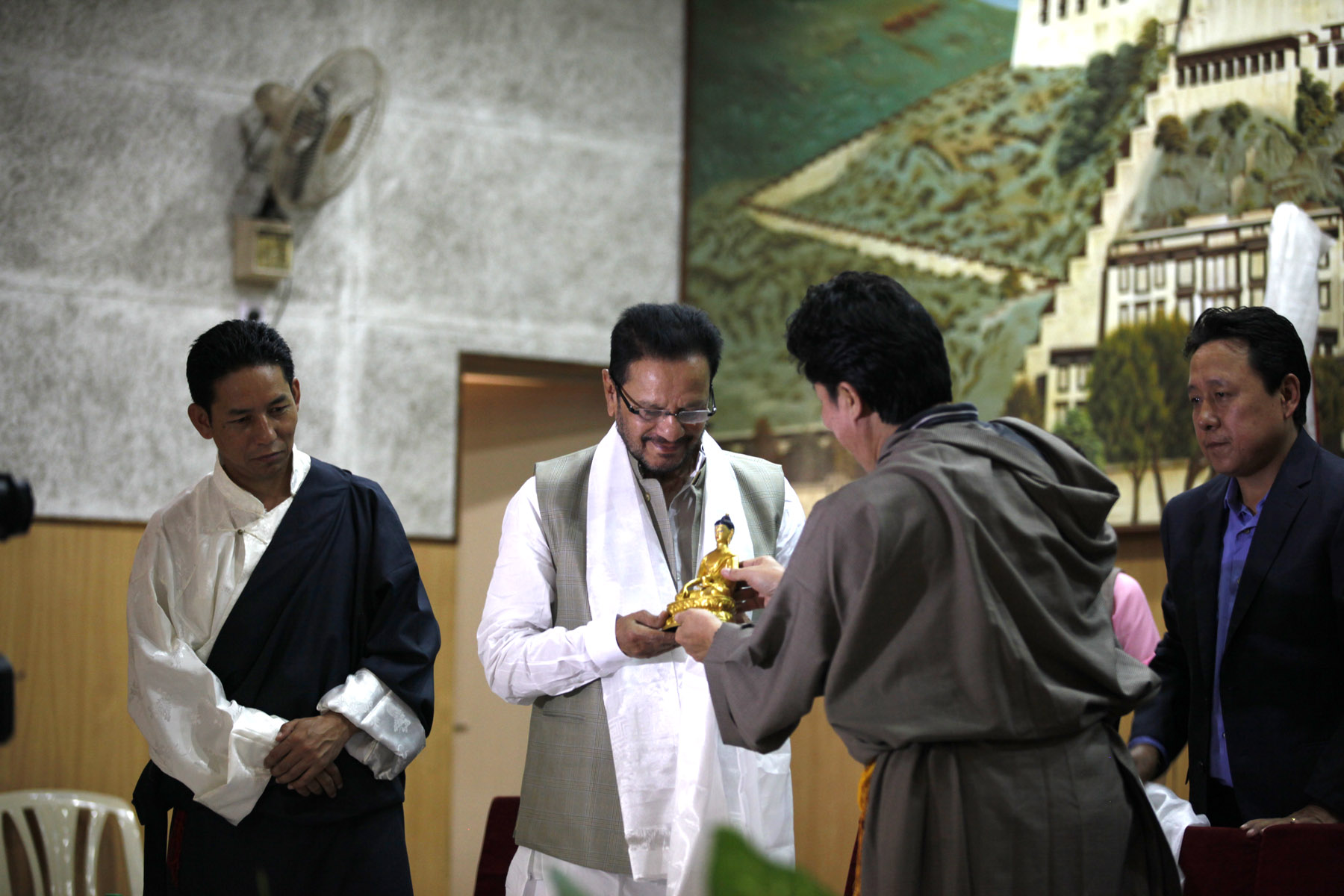 Tibetan officials honour Mr D.B. Chandre Gowda, Member of Parliament (Lok Sabha), as the chief guest during the celebration of His Holiness the Dalai Lama's 77th birthday in Bangalore, India, on 6 July 2012