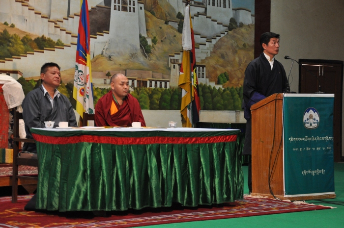 Speaker Penpa Tsering, Deputy Speaker Khenpo Sonam Tenphel and Kalon Tripa Dr Lobsang Sangay during the opening ceremony of the special meeting