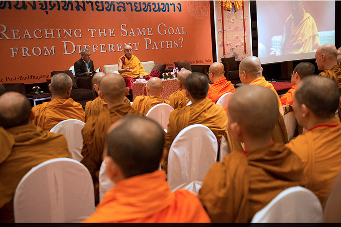 His Holiness the Dalai Lama speaking at the start of the dialogue with Thai Buddhist scholars on "Reaching the Same Goal from Different Paths?" in New Delhi, India, on 15 December 2012/Photo/OHHDL/Tenzin Choejor