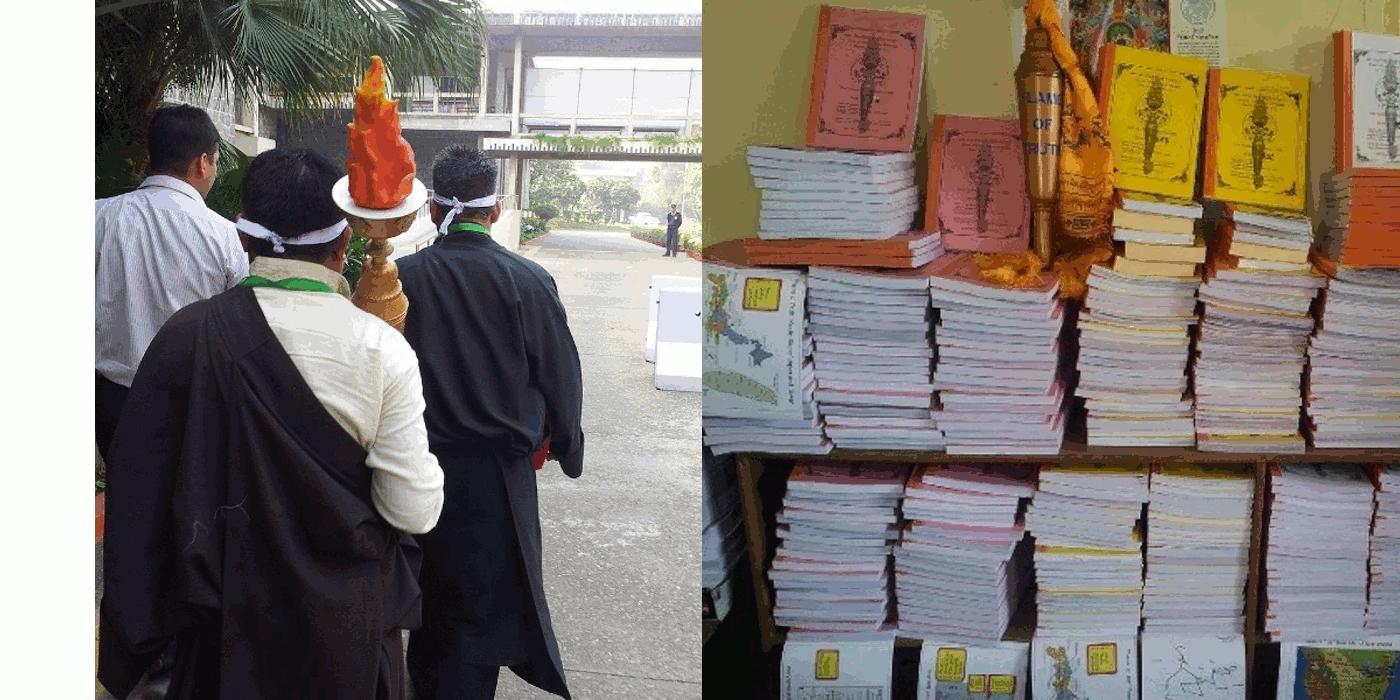 Tibetan Parliamentarians visiting the UN office to submit signed petition on Tibet compiled in books (right) in New Delhi on 10 December 2012