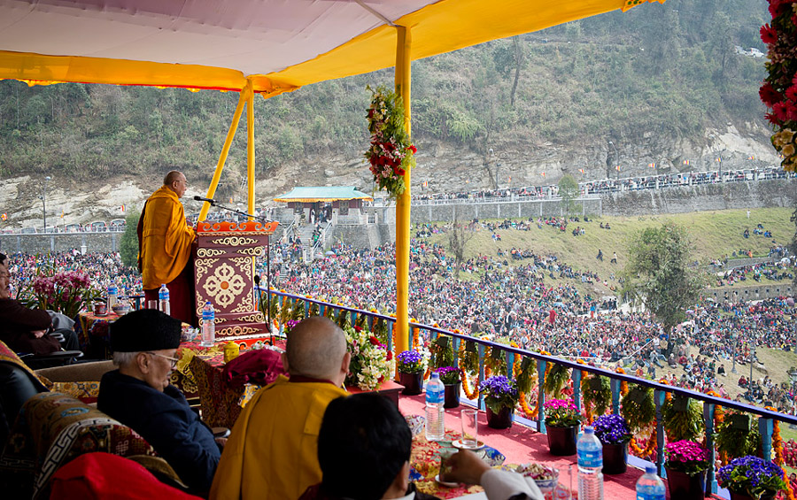 His Holiness the Dalai Lama addresses the crowd on the occasion of the consecration of the Tathagata Tsal Buddha statue, Ravangla, Sikkim, India 25 March 2013. Photo/Tenzin Choejor/OHHDL