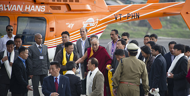 His Holiness the Dalai Lama arrives in Ravangla, Sikkim, India, on March 24, 2013. Chief Minister of Sikkim Mr. Pawan Kumar Chamling and other dignitaries received His Holiness at the Helipad in Ravangla/Photo/OHHDL