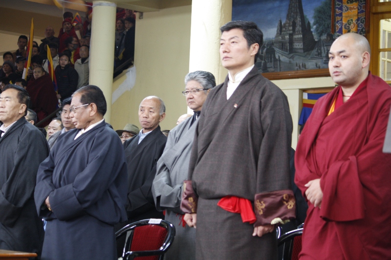 Chief Justice Commissioner Ngawang Phelgye (L), Sikyong Dr Lobsang Sangay and Deputy Speaker Khenpo Sonam Tenphel (R) during the 54th Tibetan National Uprising Day commemoration in Dharamsala, India, on 10 March 2013