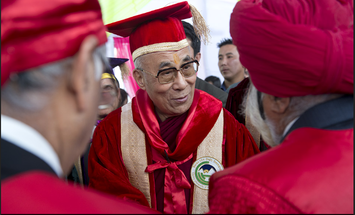 His Holiness the Dalai Lama being introduced to members of the academic procession on his arrival at the first convocation of Central University of Himachal Pradesh, Shahpur, HP, India, on 28 February 2013/Photo/Tenzin Choejor/OHHDL