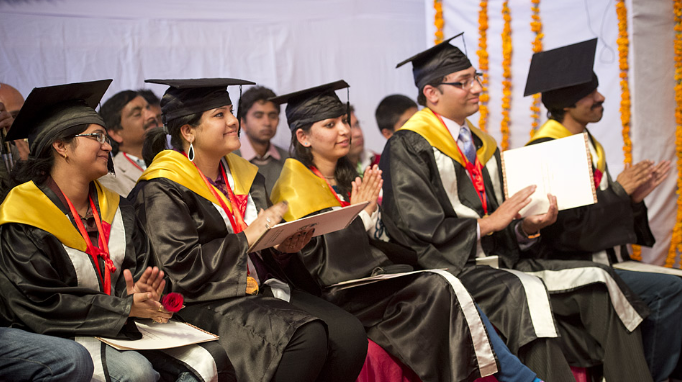 Some of the graduating students listening to the convocation address by His Holiness the Dalai Lama during the first convocation of the Central University of Himachal Pradesh in Shahpur, HP, India on 28 February 2013/Photo/Tenzin Choejor/OHHDL