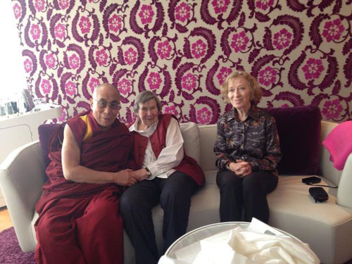 His Holiness the Dalai Lama with Ama Irmtraut Wäger at Munich Airport in Germany.