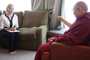 His Holiness the Dalai Lama taking part in an interview for Maitripa College's environmental documentary in Portland, Oregon on May 11, 2013. Photo/Jeremy Russell/OHHDL
