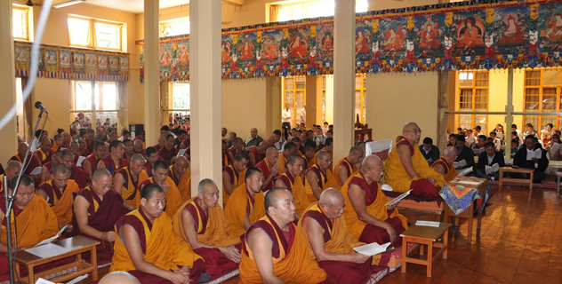 Namgyal Monastery's abbot presiding over a grand prayer service on the international solidarity day for Tibet in Dharamsala, India