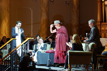 His Holiness the Dalai Lama wearing a traditional Australian Akubra hat offered to him at the conclusion of "Community and Wellbeing" event at the Town Hall in Adelaide, Australia on June 21, 2013. Photo/Jeremy Russell/OHHDL