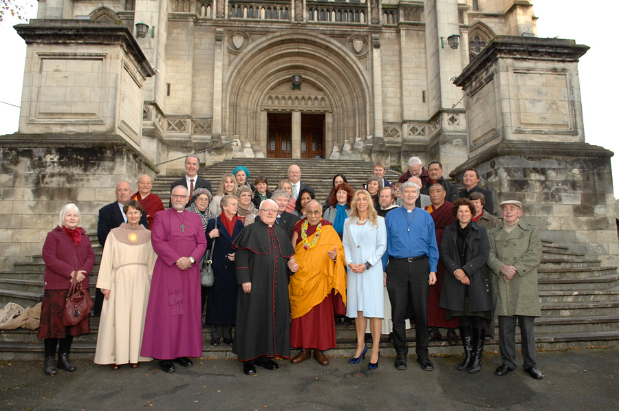 His Holiness the Dalai Lama with members of the Dunedin Interfaith Council on the steps of St. Pauls Cathedral in Dunedin, New Zealand on June 11, 2013. Photo/Jacqui Walker