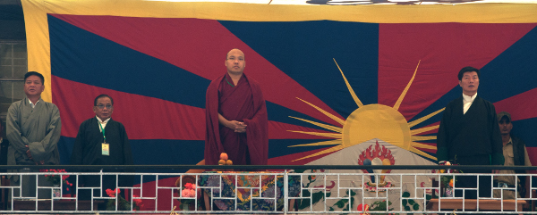 His Eminence Karmapa Rinpoche (C) with Sikyong Dr Lobsang Sangay (R) and Speaker Penpa Tsering at TCV on 23 October 2013.