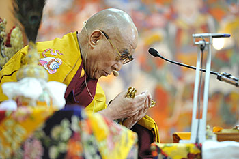 His Holiness the Dalai Lama during his teachings to a group from Malaysia at the Main Tibetan Temple in Dharamsala, India on November 11, 2013. Photo/Tenzin Choejor/OHHDL
