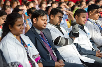 Staff members of Apollo Hospital listening to His Holiness the Dalai lama speaking on "The Wisdom of Compassion" in New Delhi, India on November 30, 2013. Photo/Tenzin Choejor/OHHDL