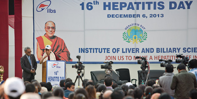 His Holiness the Dalai Lama speaking at the Institute of Liver and Biliary Science's 16th Hepatitis Day focusing on the Institute's dedication to make India Hepatitis free in New Delhi, India on December 6, 2013. Photo/Tenzin Choejor/OHHDL