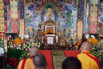 His Holiness the Dalai Lama during the second day of his teachings at Sera Jey Monastery in Bylakuppe, Karnataka, India on December 26, 2013. Photo/Kate Surjok