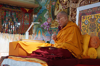 His Holiness the Dalai Lama speaking during the second day of his teachings at Sera Jey Monastery in Bylakuppe, Karnataka, India on December 26, 2013. Photo/Jeremy Russell/OHHDL