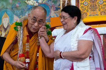 His Holiness the Dalai Lama with Sumitra Kulkarni (Mahatma Gandhi's granddaughter) during the fifth day of his teachings at Sera Jey Monastery in Bylakuppe, Karnataka, India on December 29, 2013. Photo/Rio Helmi