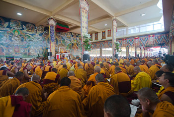 Some of the many thousands of monastics listening to His Holiness the Dalai Lama speaking at Sera Jey Monastery in Bylakuppe, Karnataka, India on December 29, 2013. Photo/Tenzin Choejor/OHHDL