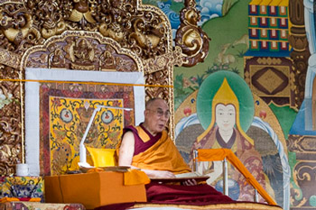 His Holiness the Dalai Lama speaking during the fifth day of his teachings at era Jey Monastery in Bylakuppe, Karnataka, India on December 29, 2013. Photo/Tenzin Choejor/OHHDL
