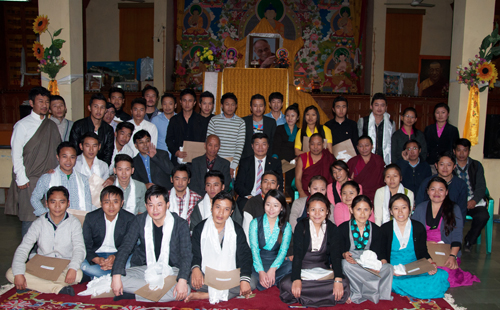 Sikyong with new CTA recruits on the completion of the latter's five month training at the College of Higher Tibetan Studies at Sarah near Dharamsala on 9 December 2013/DIIR Photo