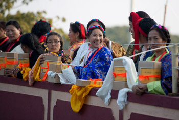 People from the Markham region of Tibet waiting with offerings as part of a long life ceremony for His Holiness the Dalai Lama at Sera Jey Monastery in Bylakuppe, India on January 1, 2014. Photo/Tenzin Choejor/OHHDL