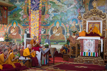 His Holiness the Dalai Lama taking part in the opening prayers on the ninth day of his teachings at Sera Jey Monastery in Bylakuppe, Karnataka, January 2, 2014. Photo/Tenzin Choejor/OHHDL