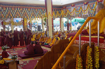 Monks debating in front of His Holiness the Dalai Lama at the end of the ninth day of his teachings at Sera Jey Monastery in Bylakuppe, Karnataka, January 2, 2014. Photo/Jeremy Russell/OHHDL