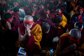 Members of the audience during the empowerment given by His Holiness the Dalai Lama on the final day of teachings at Sera Jey Monastery in Bylakuppe, Karnataka, India on January 3, 2014. Photo/Tenzin Choejor/OHHDL