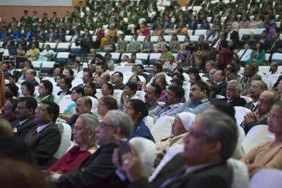 Members of the audience listening to His Holiness the Dalai Lama speaking at the opening session of the Association of Heads of Anglo-Indian Schools in India's 92nd Annual Conference at Bishop Cotton School in Bangalore, India on January 5, 2014. Photo/Tenzin Choejor/OHHDL