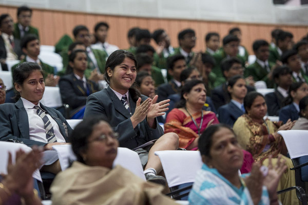 Members of the audience listening to His Holiness the Dalai Lama speaking at the opening session of the Association of Heads of Anglo-Indian Schools in India's 92nd Annual Conference at Bishop Cotton School in Bangalore, India on January 5, 2014. Photo/Tenzin Choejor/OHHDL