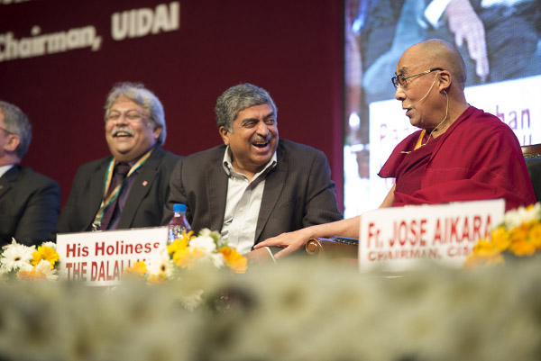 His Holiness the Dalai Lama answering question from the audience during the opening session of the Association of Heads of Anglo-Indian Schools in India's 92nd Annual Conference at Bishop Cotton School in Bangalore, India on January 5, 2014. Photo/Tenzin Choejor/OHHDL