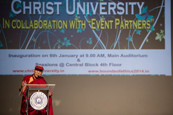 His Holiness the Dalai Lama addressing the inaugural session of the conference on "Bounds of Ethics in a Globalized World" at Christ University in Bangalore, India on January 6, 2014. Photo/Tenzin Choejor/OHHDL