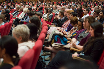 Members of the audience listening to His Holiness the Dalai Lama's address during the inaugural session of the conference on "Bounds of Ethics in a Globalized World" at Christ University in Bangalore, India on January 6, 2014. Photo/Tenzin Choejor/OHHDL