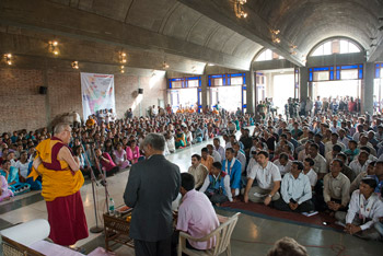 His Holiness the Dalai Lama speaking at a public gathering at the Nagaloka Assembly Hall in Nagpur, Maharashtra, India on January 8, 2014. Photo/Tenzin Choejor/OHHDL