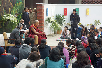 His Holiness the Dalai Lama speaking to students from Step by Step and other schools in Delhi and Srinagar at the Step by Step School in Noida, NCR, India on January 31, 2014. Photo/Jeremy Russell/OHHDL