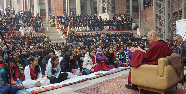 His Holiness the Dalai Lama speaking to students from Step by Step and other schools in Delhi and Srinagar at the Step by Step School in Noida, NCR, India on January 31, 2014. Photo/Jeremy Russell/OHHDL