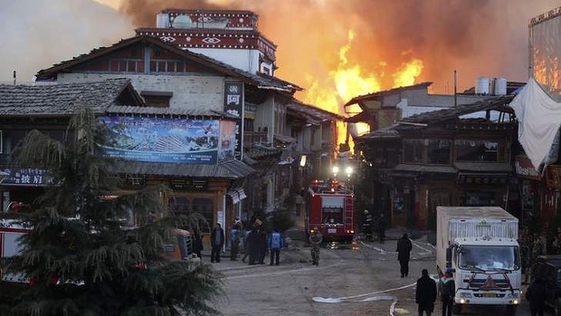 A firefighter truck at Gyalthang during the fire. Photo: Reuters