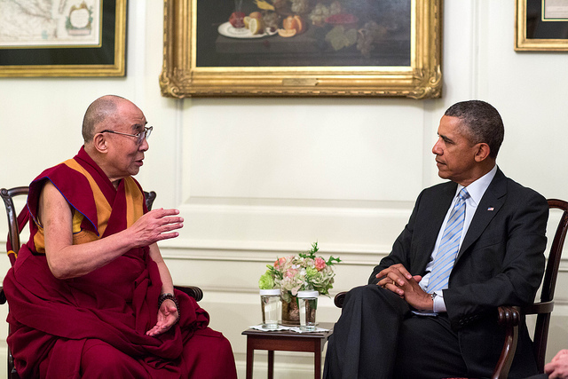 President Barack Obama meets with the Dalai Lama in the Map Room of the White House, Feb. 21, 2014. (Official White House Photo by Pete Souza)