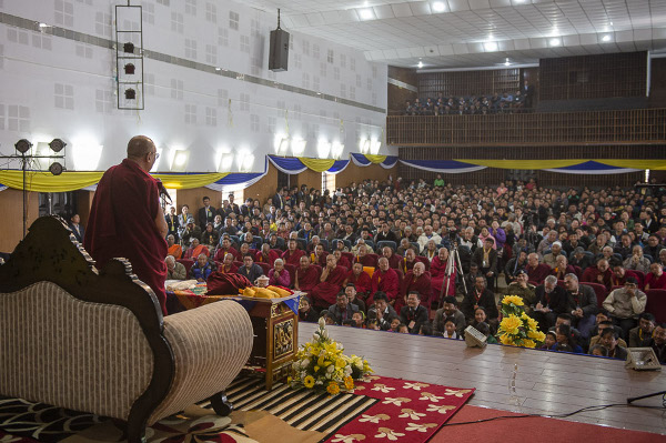 His Holiness the Dalai Lama speaking to the Tibetan community gathered at the State Central Library in Shillong, Meghalaya, India on February 5, 2014. Photo/Tenzin Choejor/OHHDL