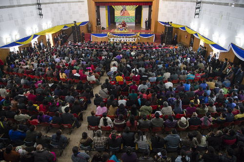 His Holiness the Dalai Lama speaking to the Tibetan community gathered at the State Central Library in Shillong, Meghalaya, India on February 5, 2014. Photo/Tenzin Choejor/OHHDL