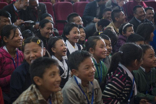 Young members of the audience responding in laughter to His Holiness the Dalai Lama during his meeting with the Tibetan community in Shillong, Meghalaya, India on February 5, 2014. Photo/Tenzin Choejor/OHHDL